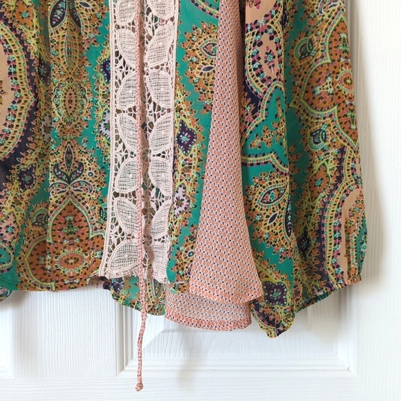 Meadow Rue Anthropologie Giada Crochet Lace & Bohemian Printed Peasant Blouse M - Picture 7 of 11